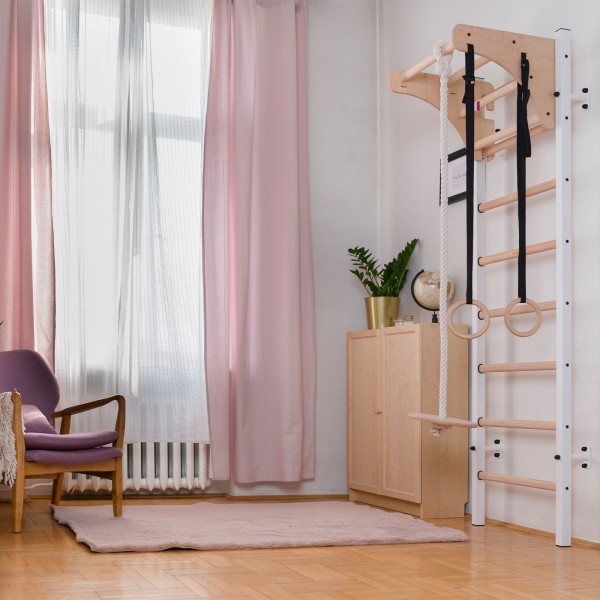 BenchK 211W + A204 Series 2: 200 Wall Bars White + Wooden Pull Up Bar + Gymnastics Accessories for Children - assembled