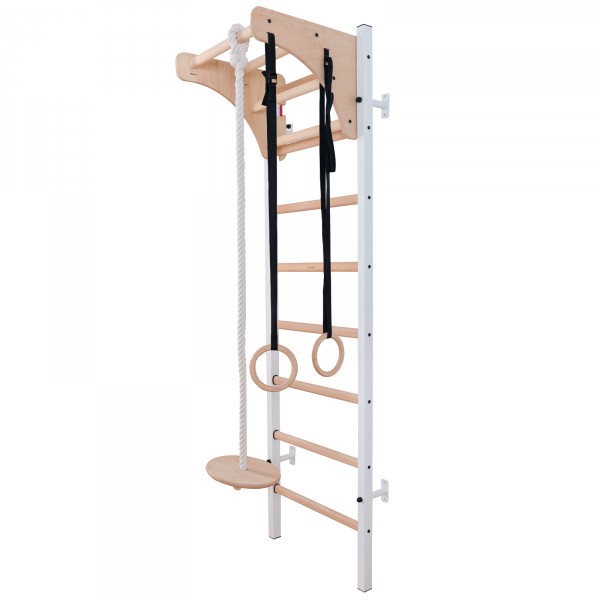 BenchK 211W + A204 Series 2: 200 Wall Bars White + Wooden Pull Up Bar + Gymnastics Accessories for Children - full view