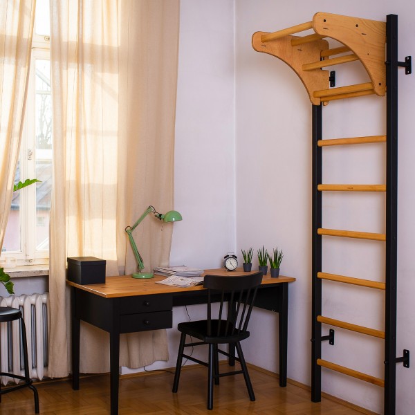 BenchK 211B Series 2: 200 Wall Bars (Black) + Wooden Pull Up Bar PB076 (Oak) - assembled