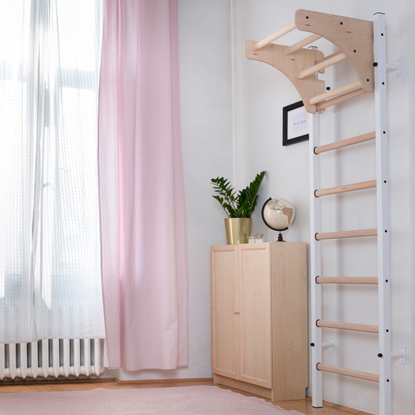 BenchK 211W Series 2: 200 Wall Bars (White) + Wooden Pull Up Bar PB204 (Beech) - assembled