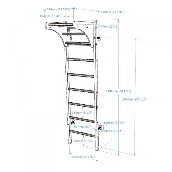 BenchK 211 Series 2: 200 Wall Bars + Wooden Pull Up Bar - dimensions