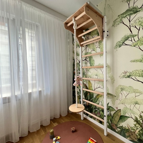 BenchK 212 W + A204 Series 2: 200 Wall Bars + Wooden Pull Up Bar + Gymnastics Accessories for Children + BenchTop - assembled