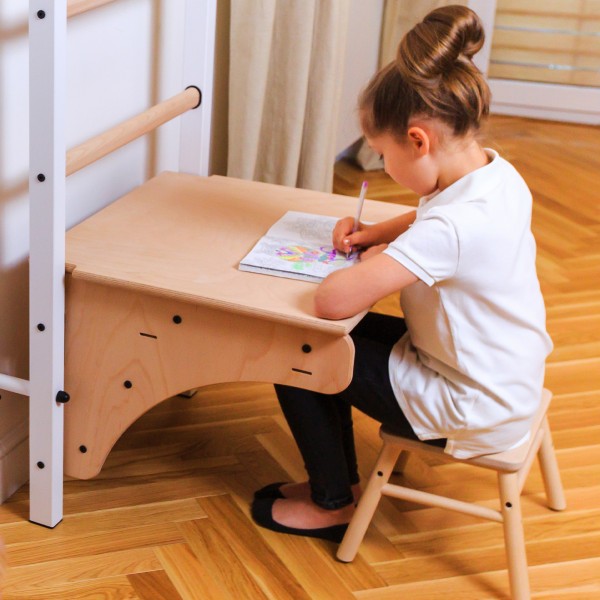 BenchK 212 W + A204 Series 2: 200 Wall Bars + Wooden Pull Up Bar + Gymnastics Accessories for Children + BenchTop - in use