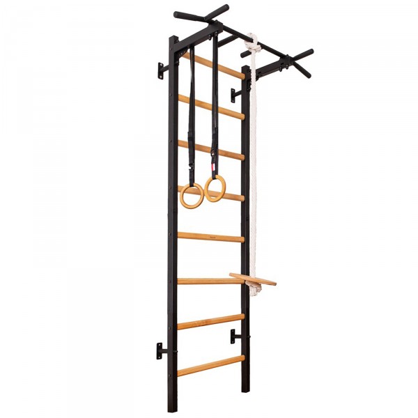 BenchK 221B + A076 Series 2: 200 Wall Bars Black + Steel Pull Up Bar + Gymnastics Accessories for Children - full view