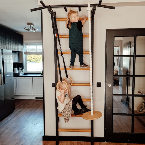 BenchK 221B + A076 Series 2: 200 Wall Bars Black + Steel Pull Up Bar + Gymnastics Accessories for Children - in use