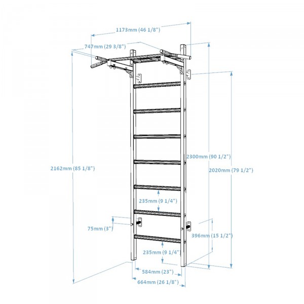 BenchK 221 Series 2: 200 Wall Bars + Steel Pull Up Bar - dimensions