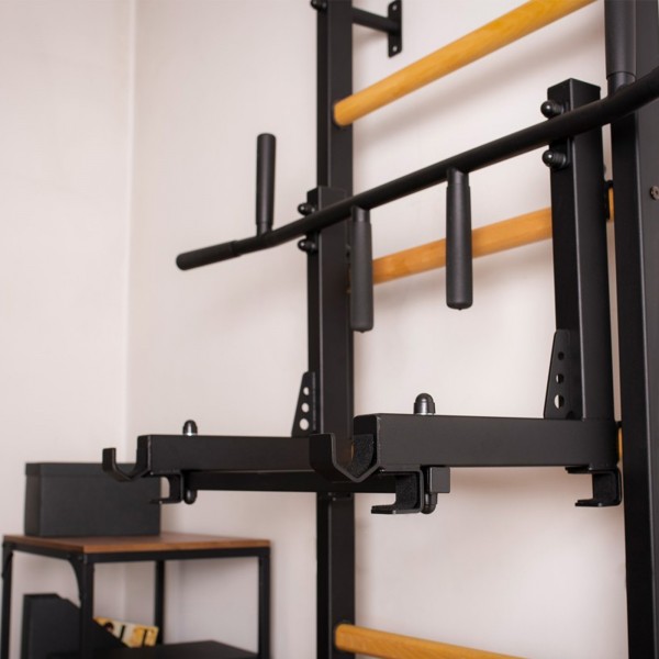 BenchK 231B Series 2: 200 Wall Bars (Black) + Steel Pull Up Bar/Barbell Holder (Black) - close-up view