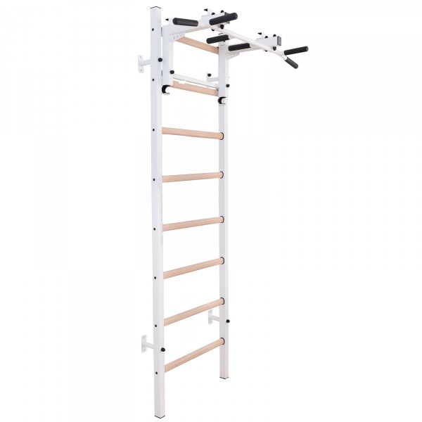 BenchK 231W Series 2: 200 Wall Bars (White) + Steel Pull Up Bar/Barbell Holder (White) - full view