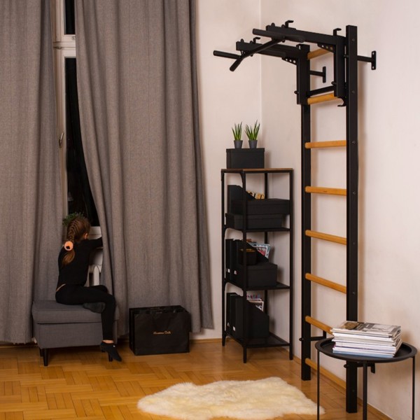 BenchK 232B Series 2: 200 Wall Bars (Black) + Steel Pull Up Bar/Barbell Holder (Black) + Dip Bar (Black) - assembled