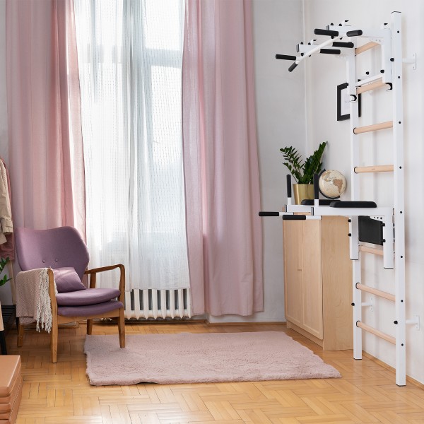 BenchK 232W Series 2: 200 Wall Bars (White) + Steel Pull Up Bar/Barbell Holder (White) + Dip Bar (White) - assembled