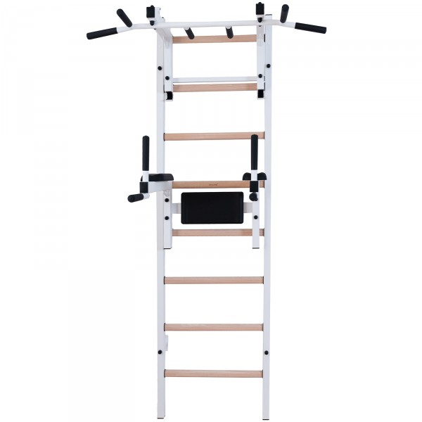 BenchK 232W Series 2: 200 Wall Bars (White) + Steel Pull Up Bar/Barbell Holder (White) + Dip Bar (White) - front view