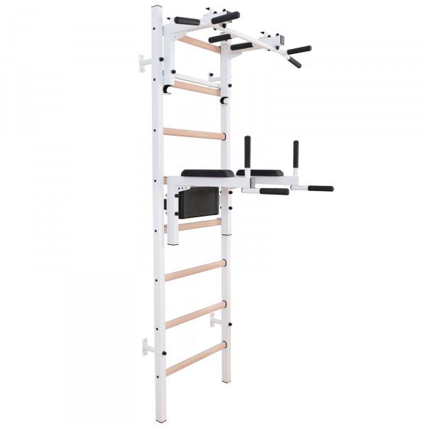 BenchK 232W Series 2: 200 Wall Bars (White) + Steel Pull Up Bar/Barbell Holder (White) + Dip Bar (White) - full view