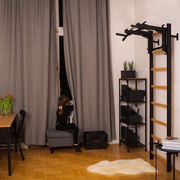 BenchK 233B Series 2: 200 Wall Bars (Black) + Steel Pull Up Bar/Barbell Holder (Black) + Dip Bar (Black) + Weight Bench (Black) - assembled