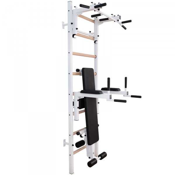 BenchK 233W Series 2: 200 Wall Bars (White) + Steel Pull Up Bar/Barbell Holder (White) + Dip Bar (White) + Weight Bench (White) - full view