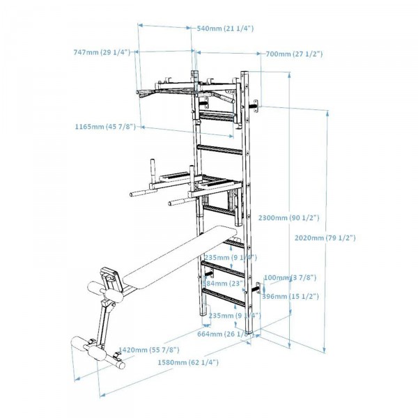 BenchK 233 Series 2: 200 Wall Bars + Steel Pull Up Bar/Barbell Holder + Dip Bar + Weight Bench - dimensions