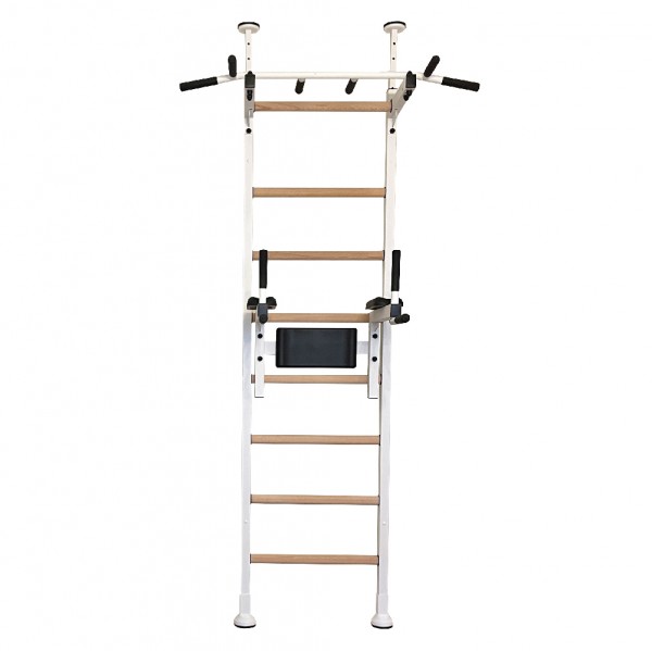 White BenchK 521 Wall Bars with dip bar bench attached