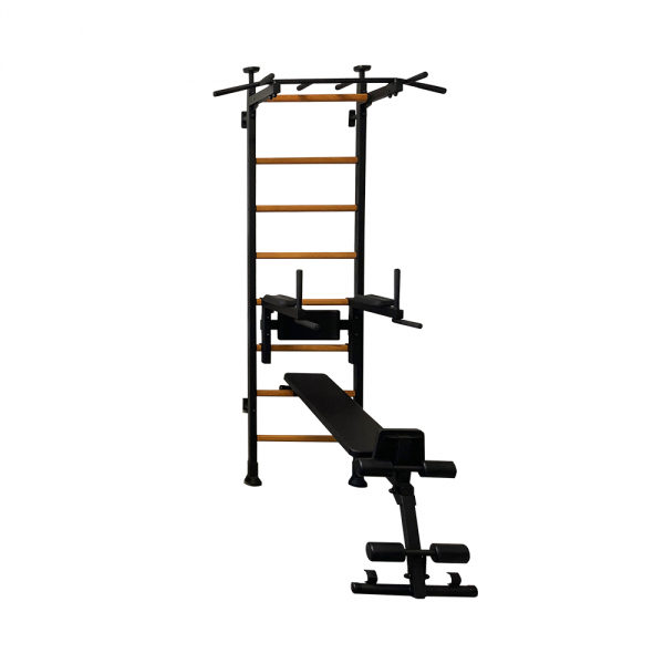 Black BenchK 521 Wall Bars with dip bar and workout bench attached
