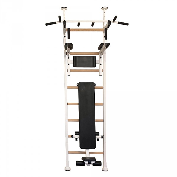 White BenchK 521 Wall Bars with dip bar and workout bench attached
