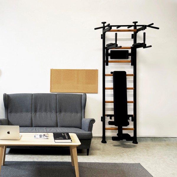 BenchK 523B Series 5: 521 Wall Bars (Black) + Dip Bar (Black) + Weight Bench (Black) - assembled