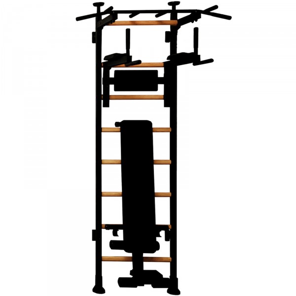 BenchK 523B Series 5: 521 Wall Bars (Black) + Dip Bar (Black) + Weight Bench (Black) - full view
