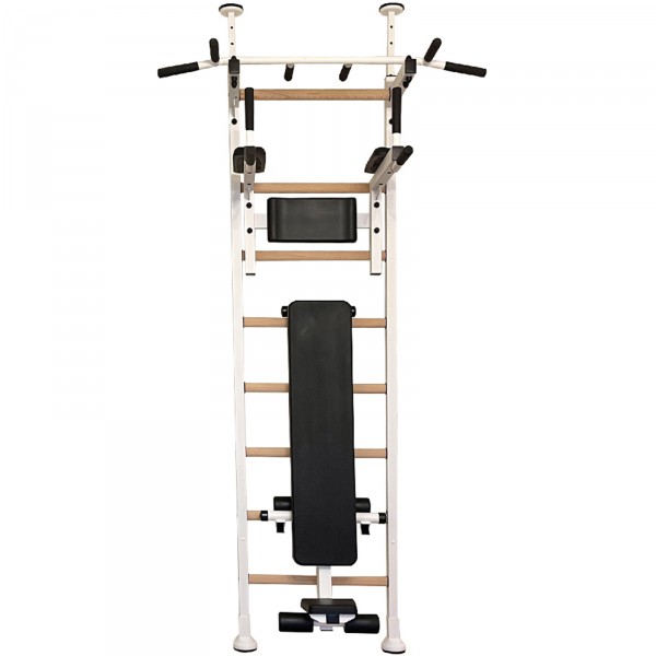 BenchK 523W Series 5: 521 Wall Bars (White) + Dip Bar (White) + Weight Bench (White) - full view
