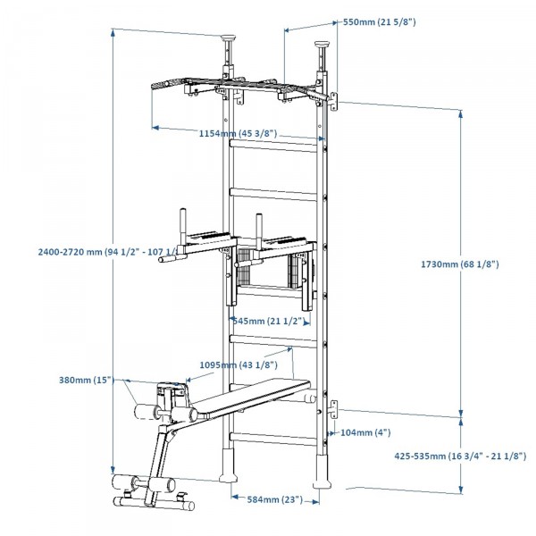 BenchK 523 Series 5: 521 Wall Bars + Dip Bar + Weight Bench - dimensions