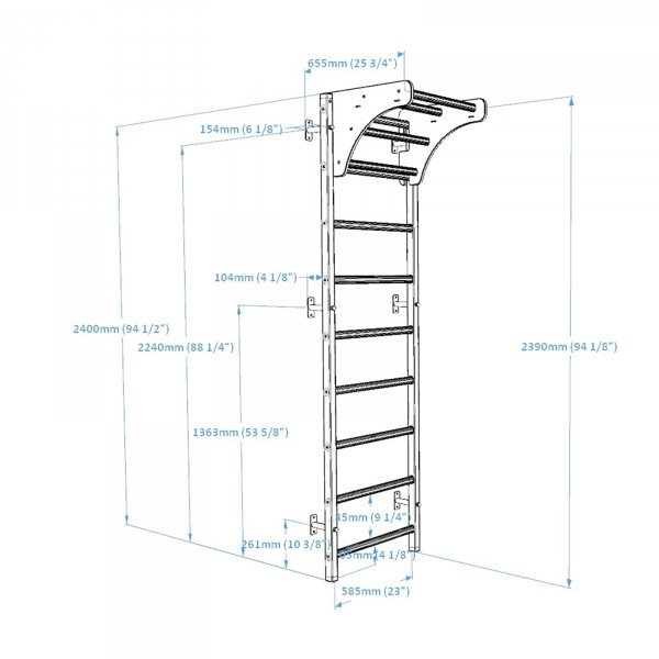 BenchK 711 Series 7: 700 Wall Bars + Wooden Pull Up Bar - dimensions