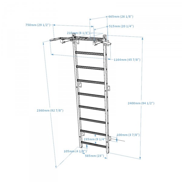 BenchK 721 Series 7: 700 Wall Bars + Steel Pull Up Bar - dimensions