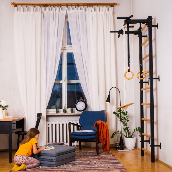 BenchK 721B + A076 Series 7: 700 Wall Bars (Black) + Steel Pull Up Bar + Gymnastics Accessories - home gym setup