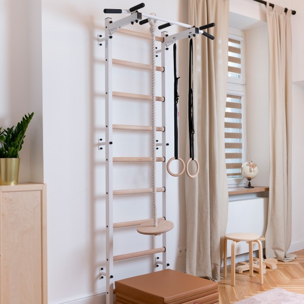 BenchK 721W + A204 Series 7: 700 Wall Bars (White) + Steel Pull Up Bar + Gymnastics Accessories - workout-ready