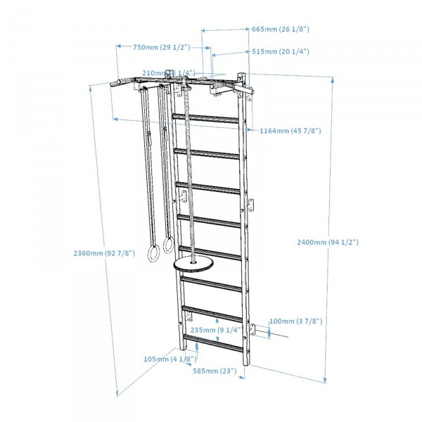 BenchK 721 + A076/A204 Series 7: 700 Wall Bars + Steel Pull Up Bar + Gymnastics Accessories - dimensions