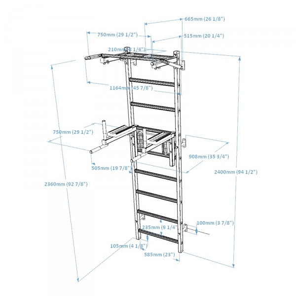 BenchK 722 Series 7: 700 Wall Bars + Steel Pull Up Bar + Dip Bar - product dimensions