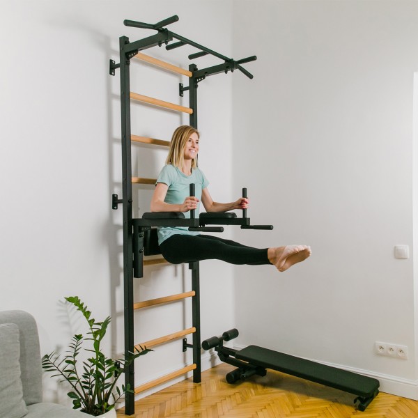 BenchK 722 Series 7: 700 Wall Bars (Black) + Steel Pull Up Bar + Dip Bar - mid-workout view