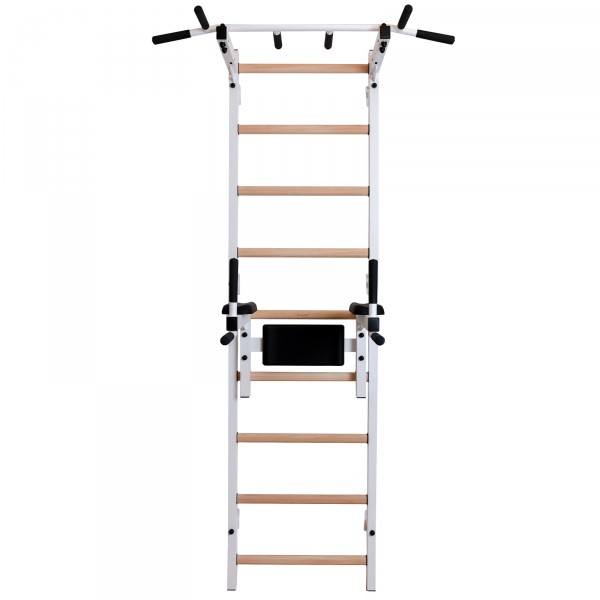 BenchK 722 Series 7: 700 Wall Bars (White) + Steel Pull Up Bar + Dip Bar - full view