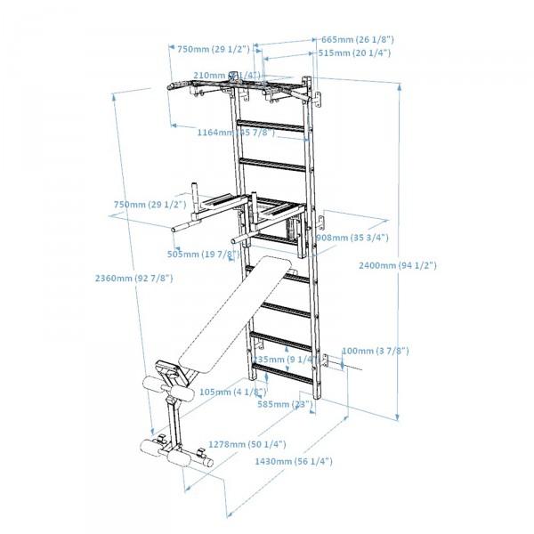 BenchK 723 Series 7: 700 Wall Bars + Steel Pull Up Bar + Dip Bar + Bench - product dimensions