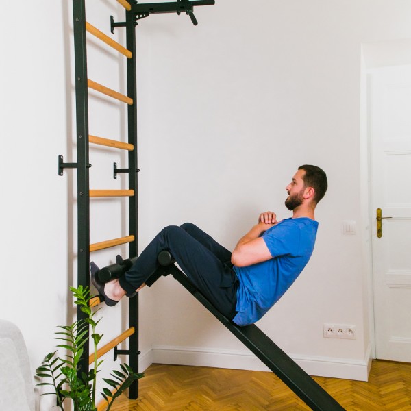 BenchK 723 Series 7: 700 Wall Bars (Black) + Steel Pull Up Bar + Dip Bar + Bench - mid-workout view