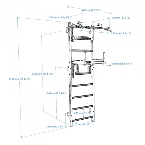 BenchK 732 Series 7: 700 Wall Bars + Steel Pull Up Bar/BB Holder + Dip Bar - product dimensions