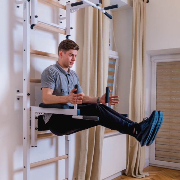 BenchK 732 Series 7: 700 Wall Bars (White) + Steel Pull Up Bar/BB Holder + Dip Bar - mid-workout view