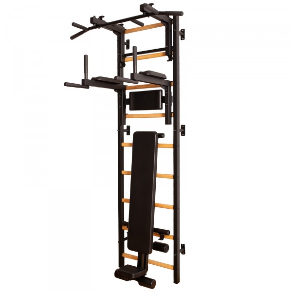 BenchK 733 Series 7: 700 Wall Bars (Black) + Steel Pull Up/Barbell Holder + Dip Bar + Bench - full view
