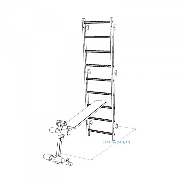 BenchK B1 Weight Bench - product dimensions attached to a ladder