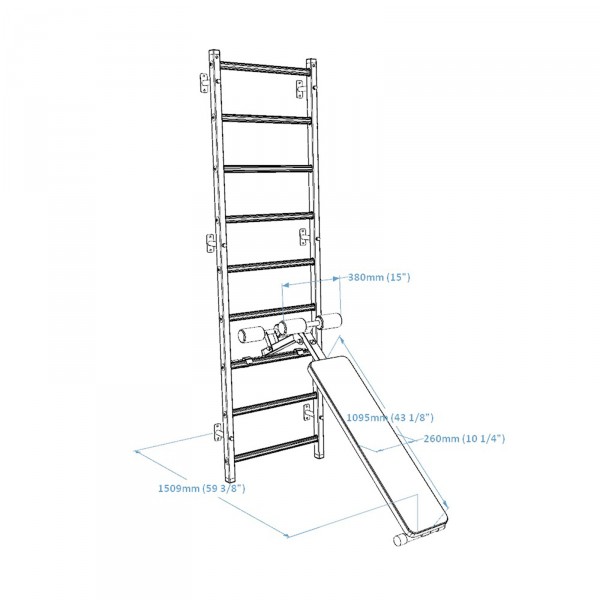 BenchK B1 Weight Bench - rotated product dimensions attached to a ladder