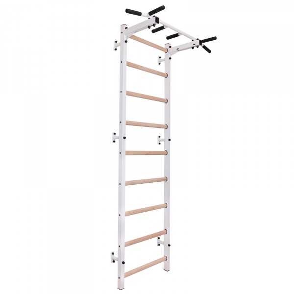 BenchK Pull Up Bar PB2W White - assembled on a ladder, angled view