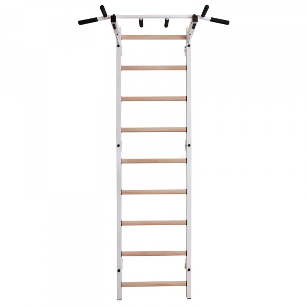 BenchK Pull Up Bar PB2W White - assembled on a ladder, front view