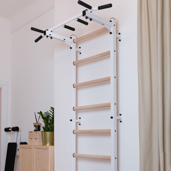 BenchK Pull Up Bar PB2W White - assembled on a ladder in a living room