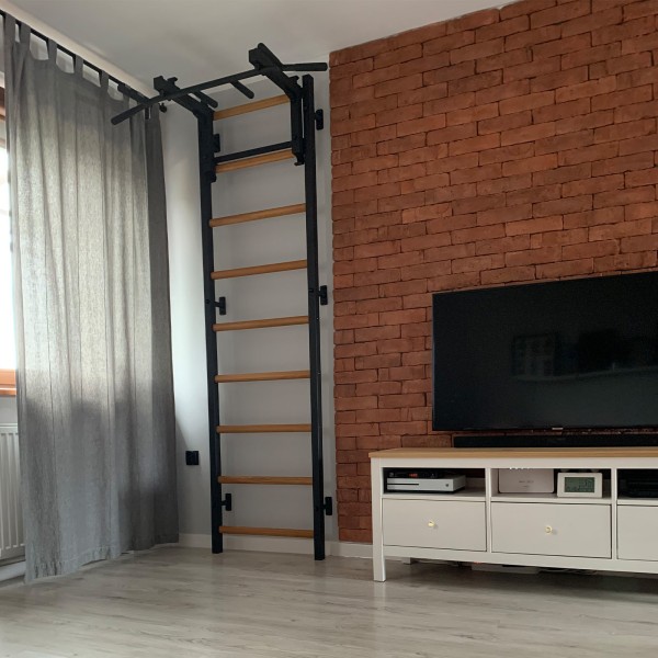 BenchK Pull Up Bar PB3B Black - a ladder with a pull-up bar attached for exercise in a living room
