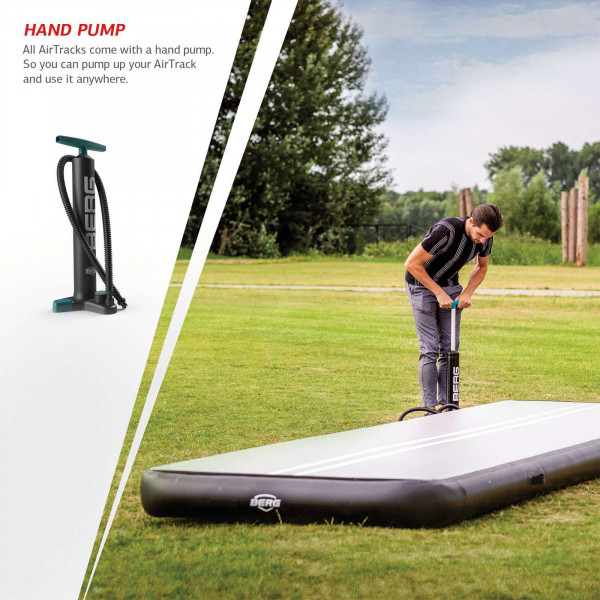 Person inflating the BERG AirTrack Home with the included hand pump.