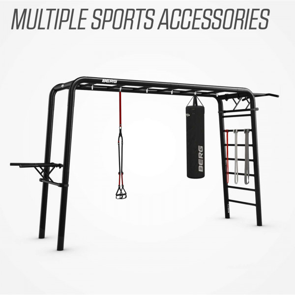 BERG PlayBase with multiple sports accessories attached
