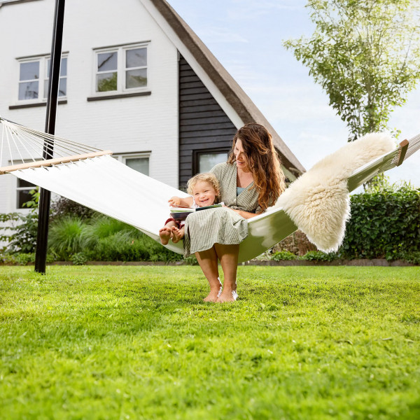 Adult and child sitting in the BERG PlayBase Hammock