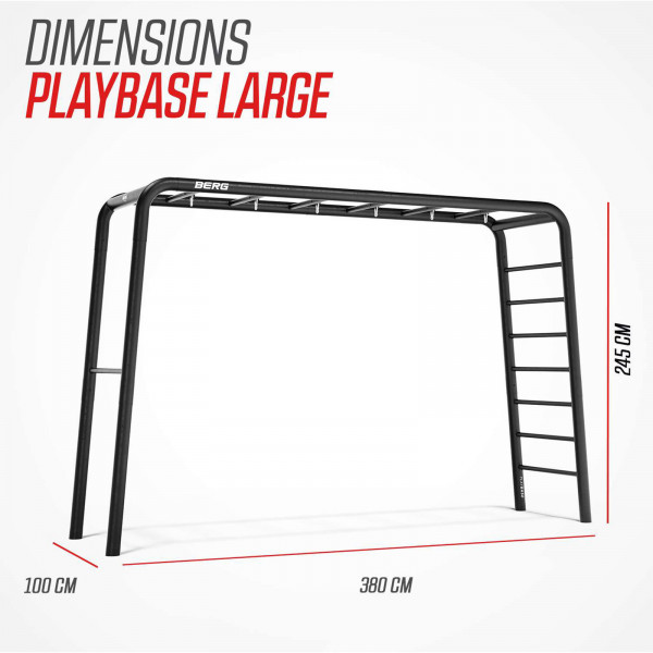 Dimensions of the large BERG PlayBase with a ladder and horizontal bar