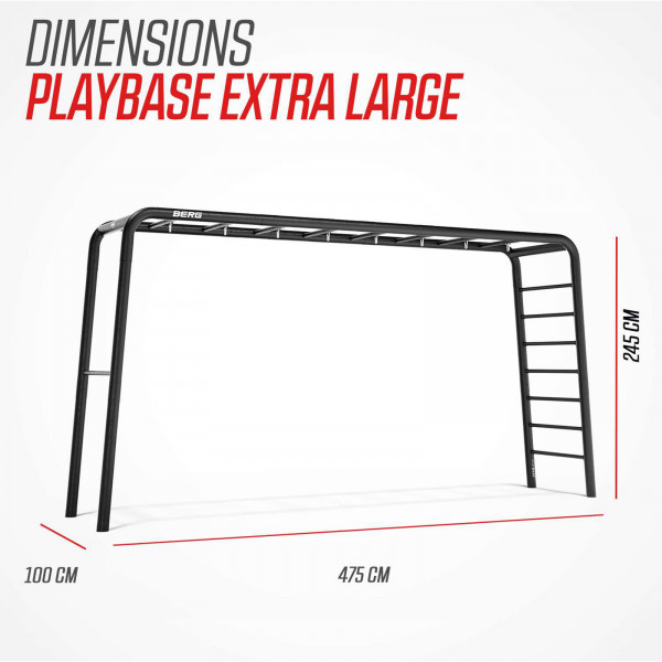 Dimensions of the extra large BERG PlayBase with a ladder and horizontal bar